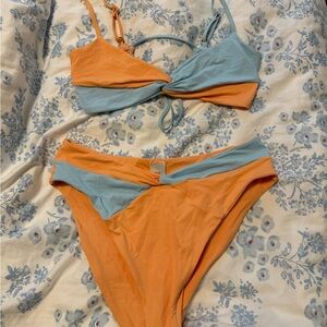 L*Space orange and light blue high waisted bikini Set